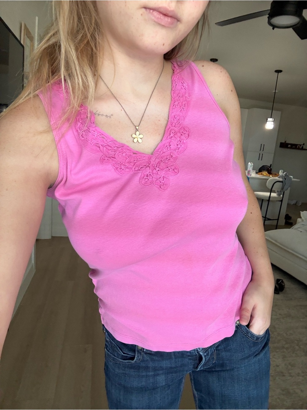 Chaps Pink Lace-Trim V-Neck Tank